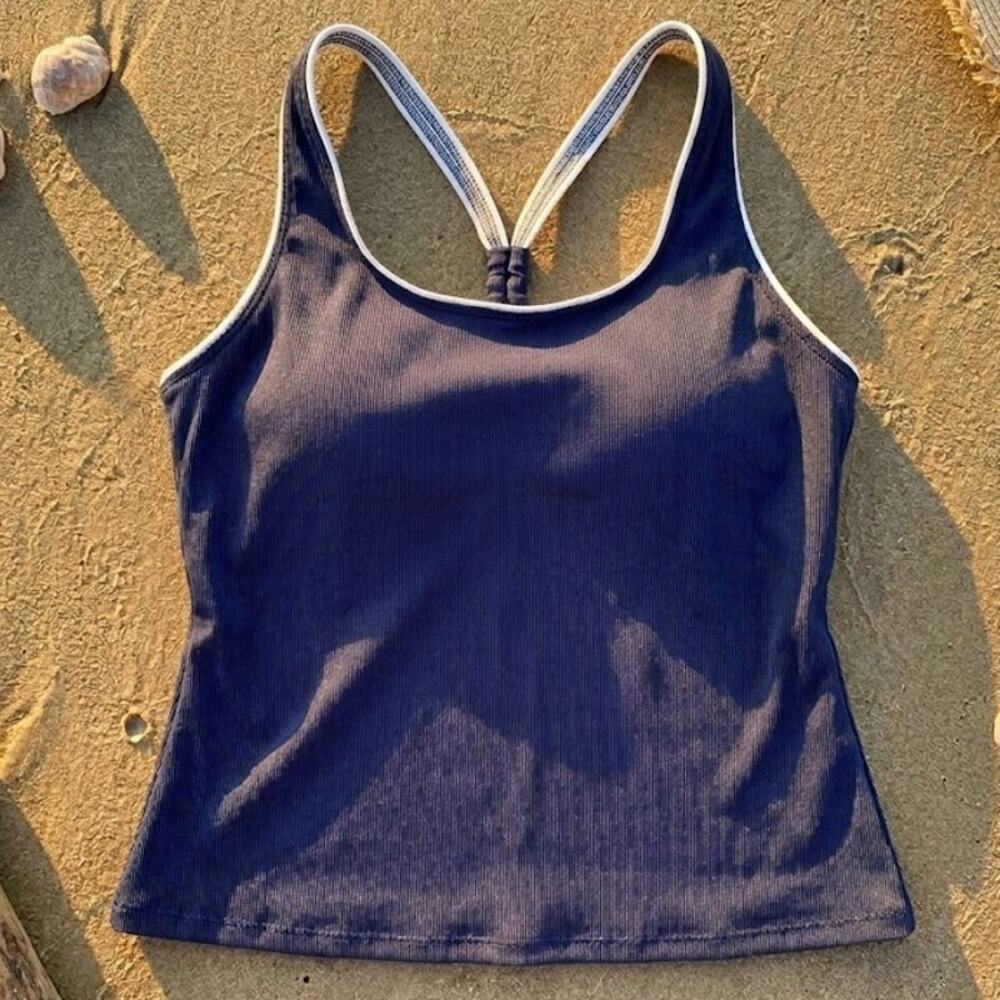 Lands End Swim Ribbed Racerback Tankini Black White Trim Underwire Womens 14